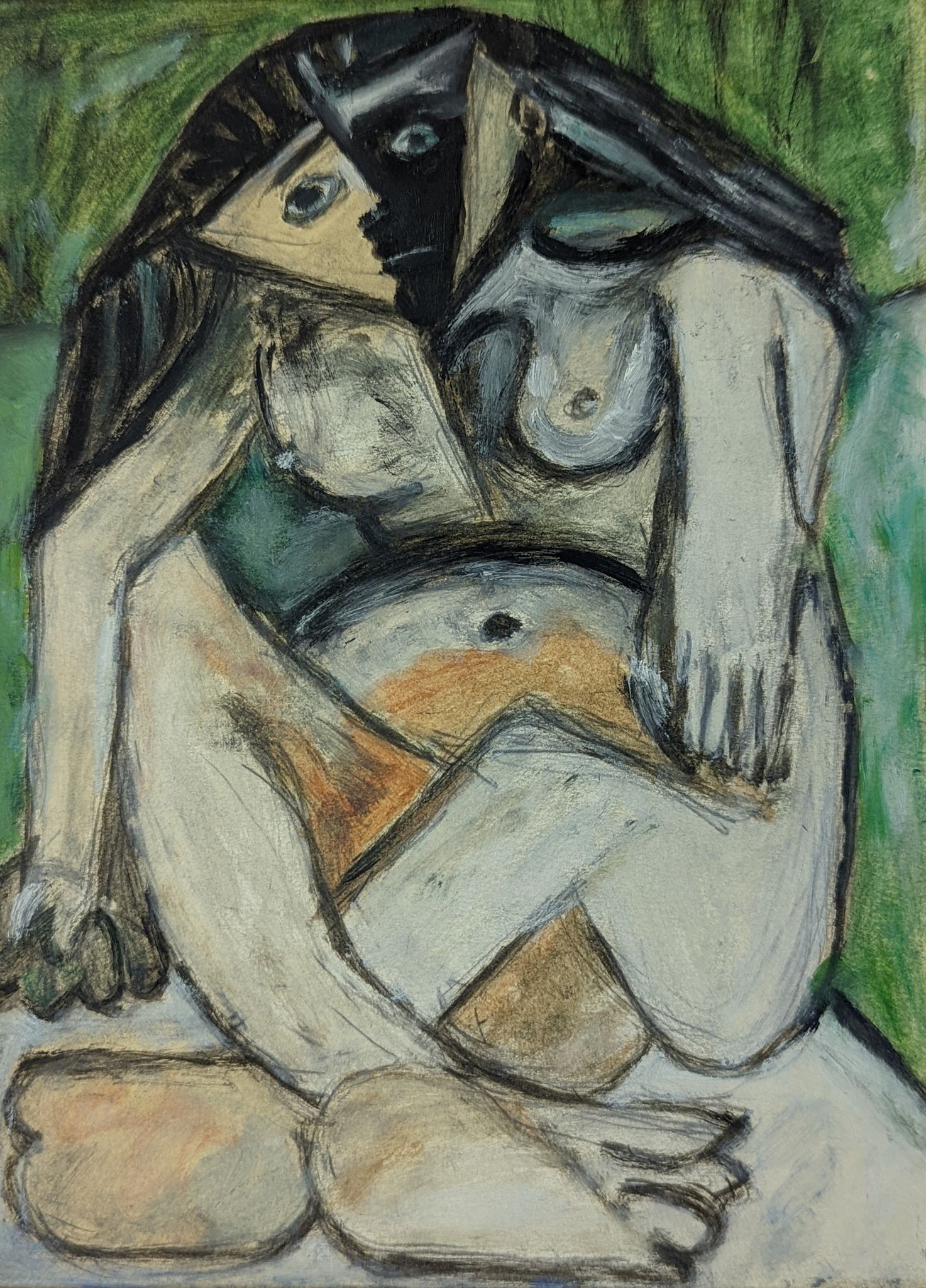 After Picasso, mixed media, Seated female nude, 22 x 16cm